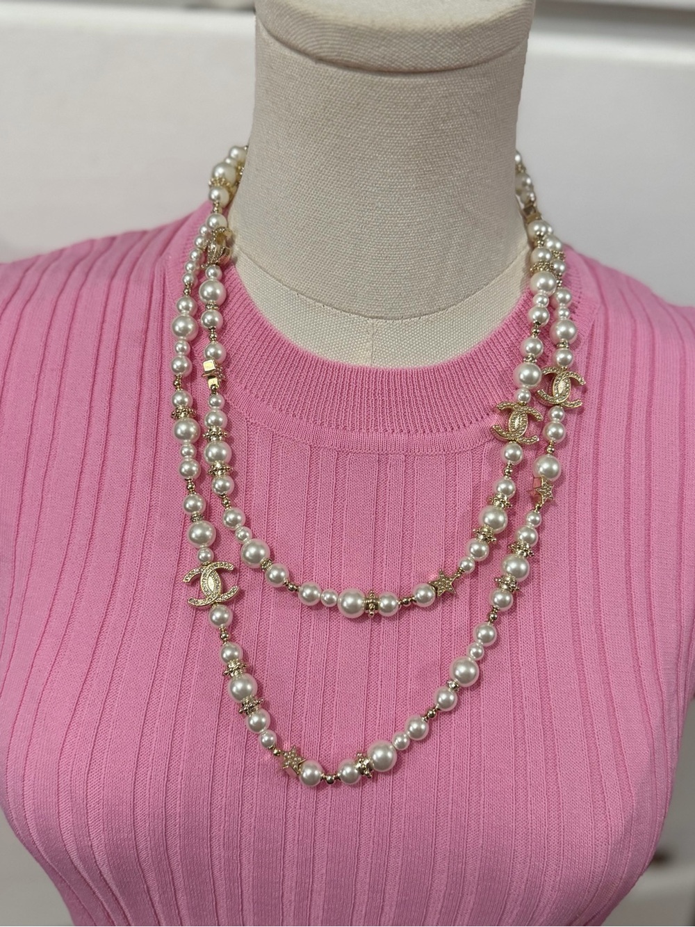 Chanel 🌙 & ⭐️ old and Pearl Double-Strand Necklace - Pink Accent